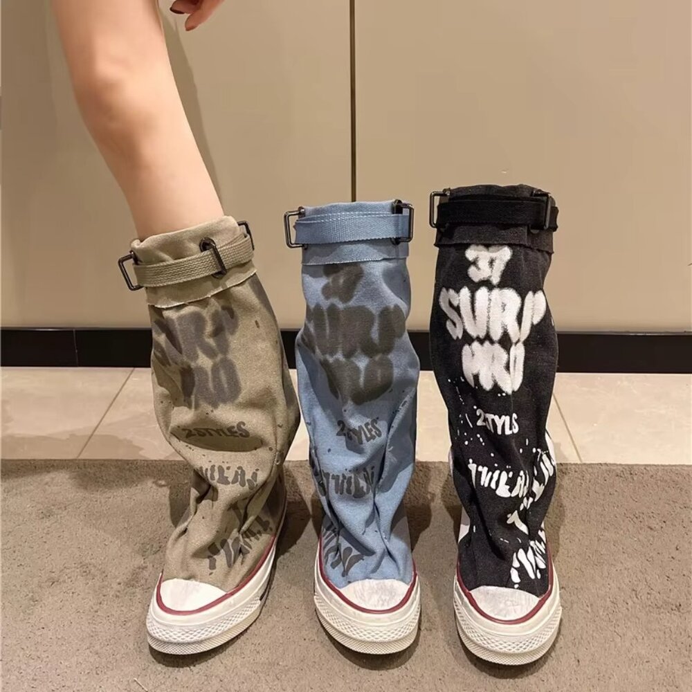 Women's Spring Graffiti High Canvas Boots Round Head Middle Follow Anti-slip
